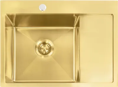 A top-down view of a gold kitchen sink with a drain.