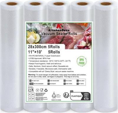 Obrázok produktu pre Vakuumové vrecká KitchenBoss, 5 rolí: 28 x 300 cm, fólia na vákuové balenie