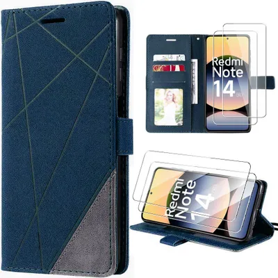 Image de Coque + 2 Verres Trempés pour Xiaomi Redmi Note 14 5G, Anti-Rayures Protection Synthécuir Bleu Marine