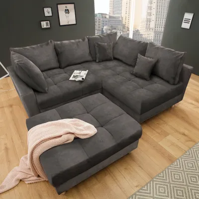Produktbild von Moderne Wohnlandschaft KENT 220cm grau Samt Ecksofa Federkern inkl. Hocker und Kissen