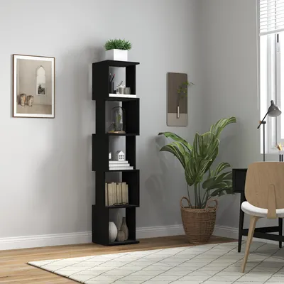 Zdjęcie produktu dla Regał na książki w kształcie litery "S" z 5 półkami, wymiary: 33x28x161 cm, kolor: czarny