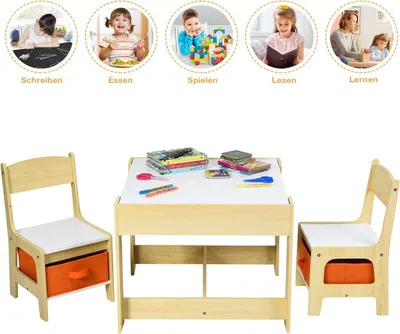 Image de 3 pièces. Groupe de sièges pour enfants, meubles pour enfants, ensemble de sièges pour enfants, table pour enfants avec 2 chaises en bois, table de peinture 3 en 1