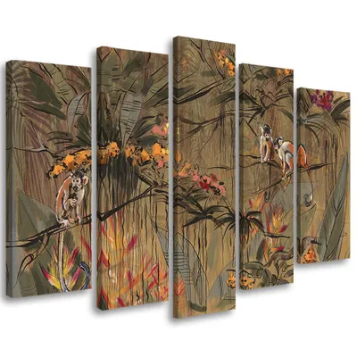 Produktbild von 5-teiliges leinwandbild affen im dschungel 100x70 cm Feeby braun wandbild bereit zum aufhängen