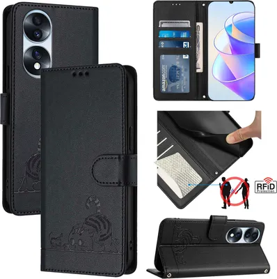Produktbild von Leder Hülle für Honor 70 Pro Süße Katze Flip Case Brieftasche Schutzhülle mit Standfunktion Schwarz