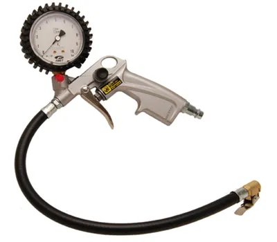 A tire inflator gun with a pressure gauge attached, shown against a white background.
