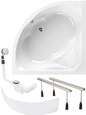 Produktbild von Calmwaters® Eckbadewanne Komplettset 150x150 cm Curved Wellness, EU, 4in1 Acryl-Wanne mit Schürze, Wannenfüßen & Ablaufgarnitur, Duowanne mit integriertem Sitz, Eckwanne 150 x 150, Weiß