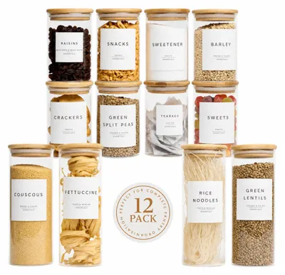 Vorratsdosen-Set 12er: 8x600ml + 4x1000ml, Glas mit Bambusdeckeln