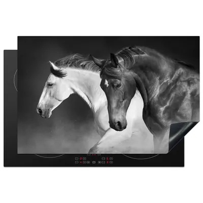 Produktbild von KitchenYeah© Herdabdeckplatte Pferde - Tiere - Schwarz - Weiß - Porträt , 81x52cm, Küche Deko, Glaskeramikkochfeld Herdabdeckung, Abdeckplatte fùr Kochfeld