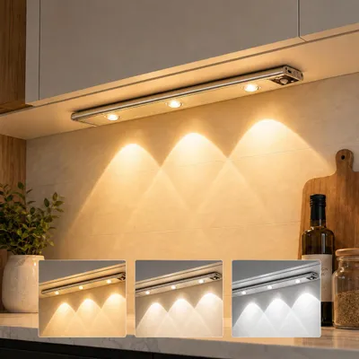 Produktbild von 40cm LED Unterbauleuchte mit Bewegungsmelder Aufladbar, Dimmbar 3 Lichtfarbe Küchenlampe Schrankbeleuchtung Schranklicht, Silber