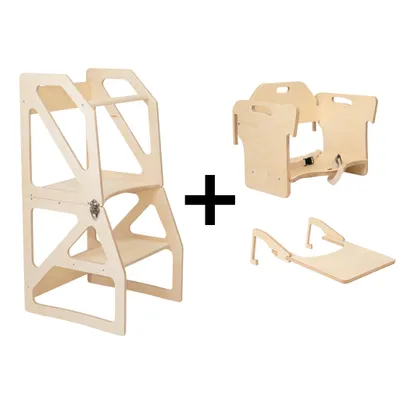 Produktbild von leg&go Verstellbarer Lernturm 2-in-1 Modustep Naturholz Set - Montessori Lernturm mit Fütterungsstuhl & Tisch