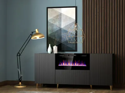 Produktbild von Kommode Sideboard PAFOS 180 mit Kamin schwarz TV Kommode mit 3 Türen 180cm breit