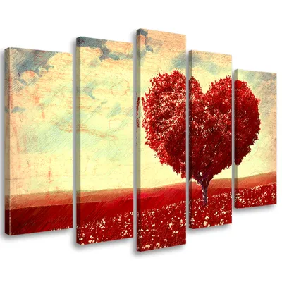 Produktbild von 5-teiliges leinwandbild roter baum wiese landschaft 200x100 cm Feeby rot wandbild bereit zum aufhängen