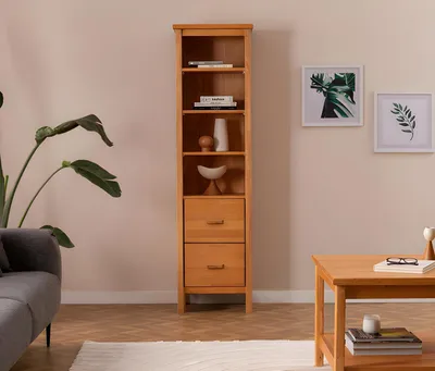 Obrázek produktu pro Robustní světle hnědá vitrína do obývacího pokoje Designová dřevěná skříňka 2 zásuvky