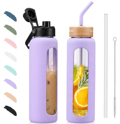 Produktbild von Glas Trinkflasche 900 ml mit 2 Deckeln und Strohhalm