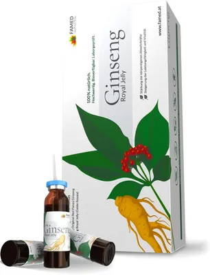 Produktbild von Ginseng Royal Jelly by FAMED – 30 Trinkampullen – reduziert Müdigkeit & stärkt Immunsystem – 100% natürliche Inhaltsstoffe, hochdosiert & labor