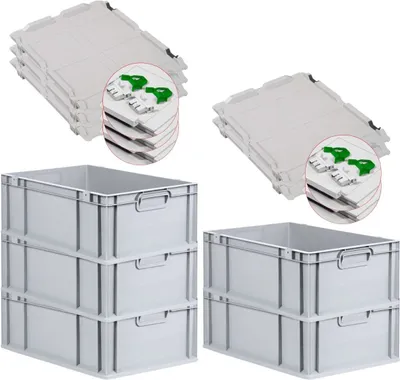 Produktbild von SuperSparSet 5x Eurobox NextGen Grip mit Scharnierdeckel und grünen Schiebeschnappverschlüssen | HxBxT 22x40x60cm | 44 Liter | Grau | Griffe geschlossen | Verstärkter Boden | Eurobehälter, Transportbox, Transportbehälter, Stapelbehälter