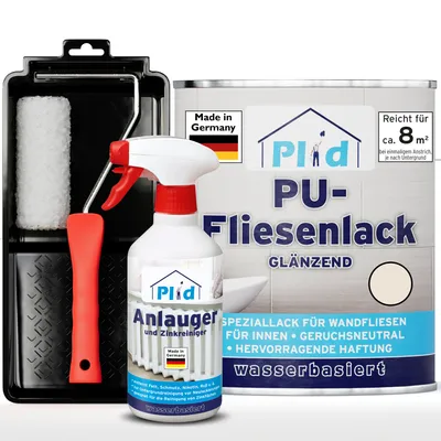 Produktbild von Plid PolyurethanFliesenlack Cremeweiß glänzend 0,75 l mit Anlauger und Lackierset