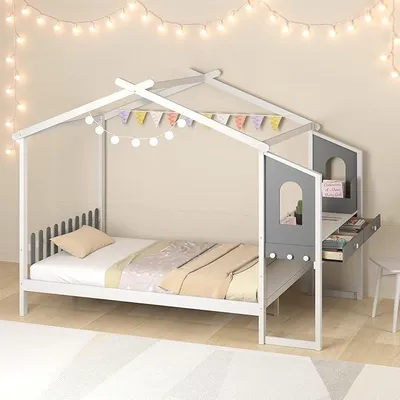 Produktbild von Hausbett mit Schreibtisch, Kinderbett mit abnehmbarem Aufbewahrungskorb, Schubladen, Haken, Lattenrost, Montessori-Bett für Jungen und Mädchen