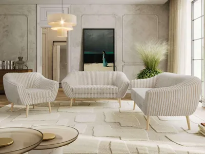 Produktbild von MKS MEBLE Couchgarnitur PIRS 1-2-3, Skandinavisches Komplettset, Wellenfederung, Buche Füße, Sitzgruppe, Möbelset, Set mit Armlehnen - Beige Cord