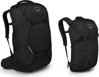 Two black Osprey backpacks are shown side-by-side against a white background.