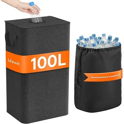 Produktbild von 100L Pfandflaschen Sammelbehälter mit Deckel, Groß Pfandflaschen Aufbewahrung, Behälter Leergut & Altglas Aufbewahrung, Flaschensammler mit Loch Küche Abstellraum Flaschentasche, Dunkelgrau