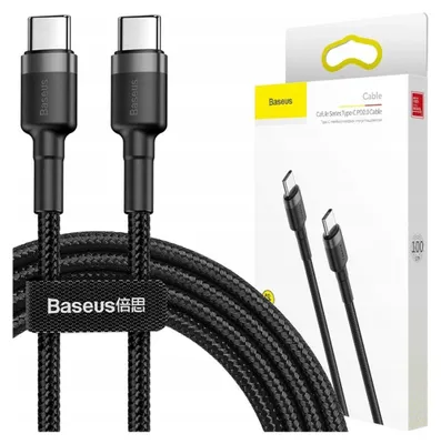 A black USB Type-C cable and its packaging.