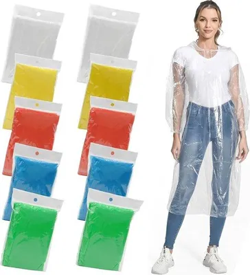 Produktbild von Famanu Regenponcho 10 Stück - wasserfest - Einweg - leicht - mit Kapuze - transparent