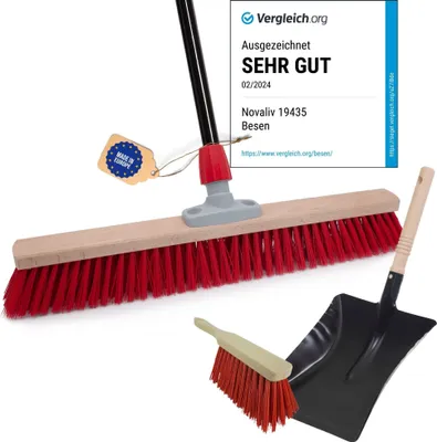 Produktbild von Novaliv Straßenbesen mit Stiel 80 cm Elaston Borsten inkl. Kehrgarnitur verzinkt mit Gummilippe bestehend aus Kehrblech & Handfeger Idealer Gartenbesen Terassenbesen Hofbesen Stallbesen Outdoor broom