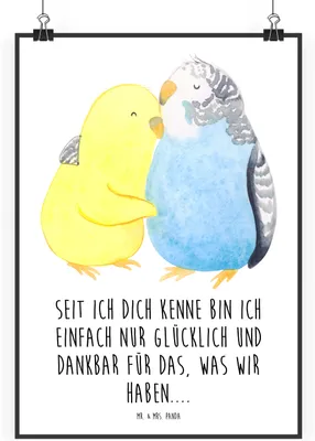 Produktbild von Mr. & Mrs. Panda Bild Wellensittich Liebe DIN A2 - Weiß - Geschenk, Wanddekoration, Plakat, Verknallt, Kunstdruck, Freundin, wanddeko, Dankbar, drucke, Kuscheln