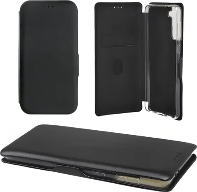 A black flip case for a Samsung Galaxy S21 phone is displayed from multiple angles.