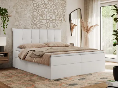 Produktbild von MKS MEBLE Boxspringbett 120x200 mit Bettkasten und Matratze H3, Polsterbett 120x200 mit Bettkasten, Bett 120x200 mit Stauraum und Topper - Premium-10 - Weiß Kunstleder