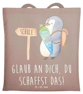 Produktbild von Mr. & Mrs. Panda Tote Bag Schulanfang Glaube - Braun Pastell - Geschenk, Lebenshilfe, Tasche, Glaub an dich, Schultasche, Vertrauem, Mut, Laptoptasche, Mutmacher, Trost