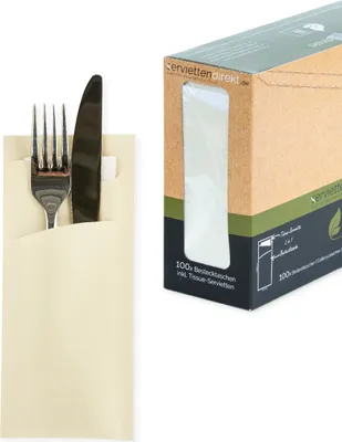 Produktbild von Bestecktasche Prime Fit in Champagner 85 x 190 mm, mit 2-lagiger Tissue-Serviette in Weiß - 100 Stück