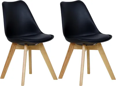 Two black chairs with wooden legs are shown against a white background.