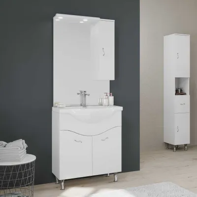 A modern bathroom vanity with a sink, mirror, and cabinet, along with a tall storage cabinet in the background.