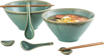 Produktbild von Japanische Ramen Schüssel Set Keramik 2L Groß Suppenschalen 2x Schüssel Essstäbchen Grün