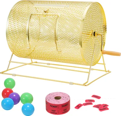 Zdjęcie produktu dla Bęben SucceBuy, 16,1 x 12 cali, mosiężny bęben do losowania, mieści 5000 losów lub 200 piłek do ping-ponga, metalowa urządzanie do losowania, drewniany uchwyt