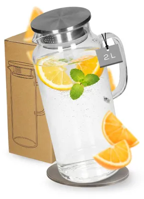 Produktbild von Glaskaraffe 2 Liter mit Deckel und feinem Sieb - stilvolle Wasserkaraffe transparent, KI-generiertes Bild