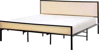 Zdjęcie produktu dla BELIANI Łóżko czarne metalowe 180 x 200 cm ze stelażem i zagłówkiem z technorattanu