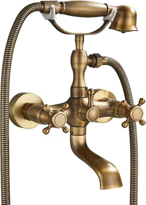 A close-up studio shot of a vintage-style bathtub faucet with a handheld showerhead.