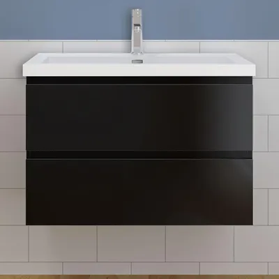 Produktbild von Waschtisch mit Unterschrank 80cm Alast Badmöbel Set Hochglanz Schwarz Rechteckiges Waschbecken mit Unterschrank MDF Softclose
