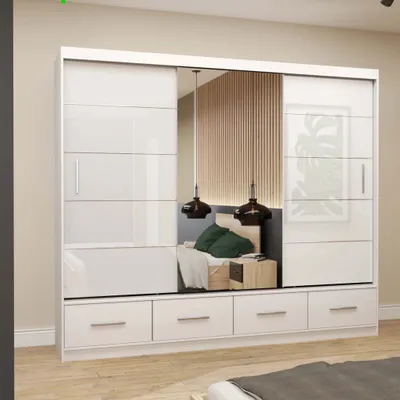Produktbild von Schwebetürenschrank Kleiderschrank Schrank 250 cm Weiß/Weiß semigloss mit Spiegel Florence