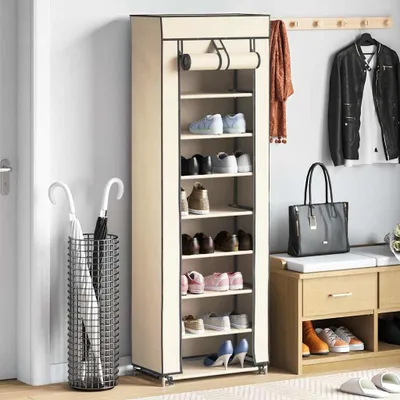 Zdjęcie produktu dla vidaXL Szafka na buty z pokrywą kremowa biel 57 x 29 x 162 cm tkanina