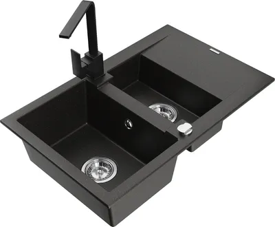Produktbild von Mexen Gaspar 1,5-Becken-Granitspüle mit Abtropffläche und Mischbatterie Rita, Schwarz/Gold - 6507-75-670300-70
