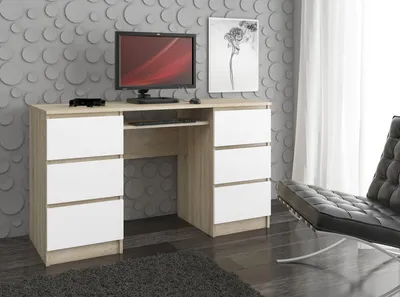 Image de Bureau de 135 cm avec 6 tiroirs, bureau d'ordinateur, tiroir pour clavier, bureau gaming