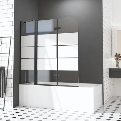 Produktbild von Duschwand für Badewanne Schwarz 160 x 140 cm 2 teilig Duschabtrennung mit Stabilisierungsstange Sicherheitsglas Faltwand NANO Glas mit Dekor Querstreifen Badewannenaufsatz 6mm ESG Duschwand