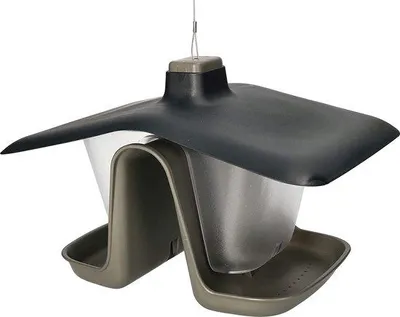 Imagen del producto de Comedero para pájaros Unyqoos® de doble cámara, para colgar o colocar en superficie. Fabricado en plástico, con cable de acero, techo de 280 mm, base de 220 mm, cámara de alimentación de 80 mm, altura de 173 mm, peso: 330 g