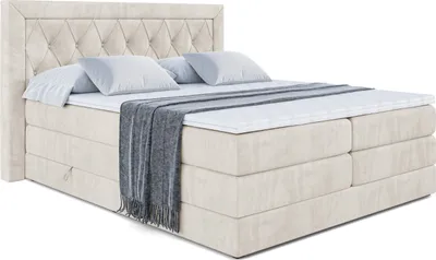 Produktbild von ALTDECOR Boxspringbett mit H3 Matratze-Bonellfederung, H4 Multipocket-Matratze (18 cm hoch) PUR, Topper (4 cm hoch), Polsterbett mit Kopfteil und Bettkasten - NOEL KING - 200x200 - Taupe Samt