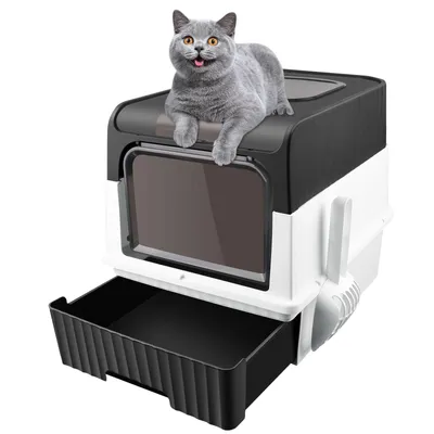 Produktbild von Katzentoilette mit ausziehbarer Schale Doppeltürige Katzenklo mit Schaufel Desodorierungsgerät 49×37×35cm Schwarz