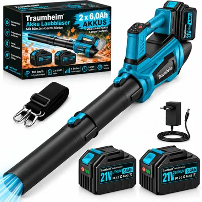 Produktbild von Akku Laubbläser mit Bürstenloser Motor 306 km/h, 2x 6000mAh Akku (Extra Stark), 5 Stufe + Turbomodus, für Winterdienst, Pulverschnee, Garten,Auto,Laub